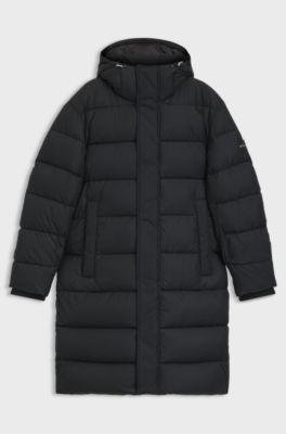 Longline water-repellent padded jacket with hood, Black