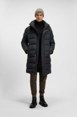 Longline water-repellent padded jacket with hood, Black