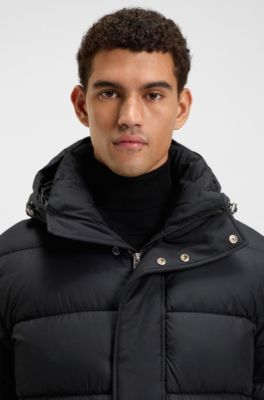 Longline water-repellent padded jacket with hood, Black