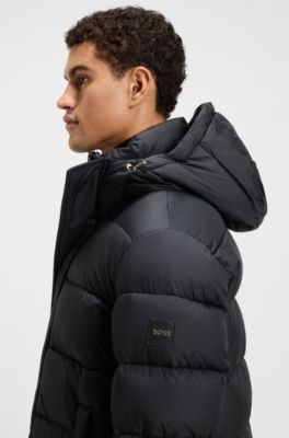 Longline water-repellent padded jacket with hood, Black