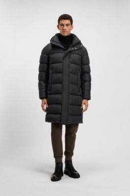 Longline water-repellent padded jacket with hood, Black