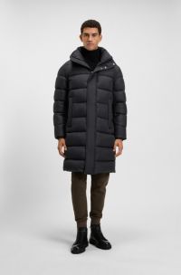 Longline water-repellent padded jacket with hood, Black