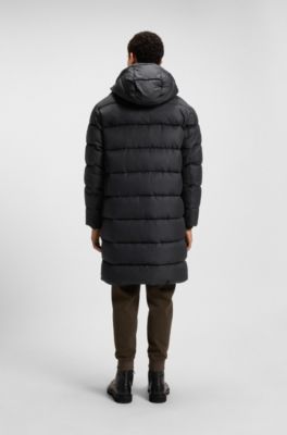 Longline water-repellent padded jacket with hood, Black