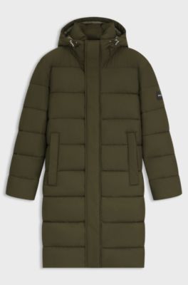 Longline water-repellent padded jacket with hood, Olive