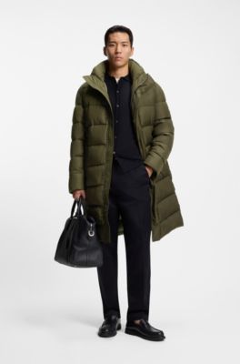 Longline water-repellent padded jacket with hood, Olive