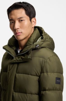 Longline water-repellent padded jacket with hood, Olive