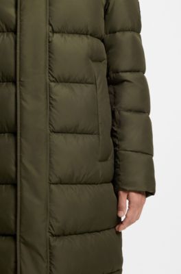 Longline water-repellent padded jacket with hood, Olive