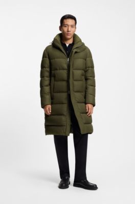 Longline water-repellent padded jacket with hood, Olive
