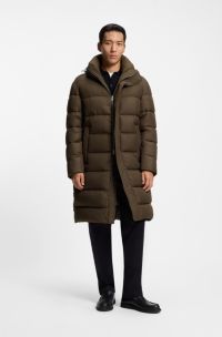 Longline water-repellent padded jacket with hood, Dark Brown
