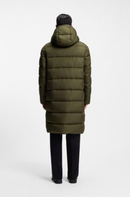 Longline water-repellent padded jacket with hood, Olive
