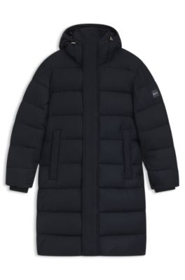 Longline water-repellent padded jacket with hood, Dark Blue