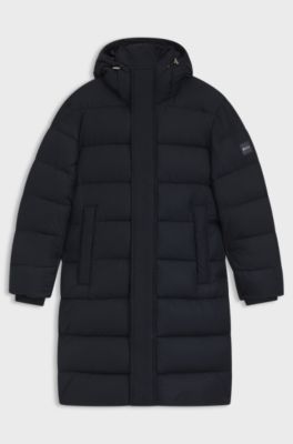 Veste longue matelass&eacute;e d&eacute;perlante &agrave; capuche, Bleu fonc&eacute;