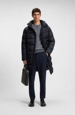 Longline water-repellent padded jacket with hood, Dark Blue