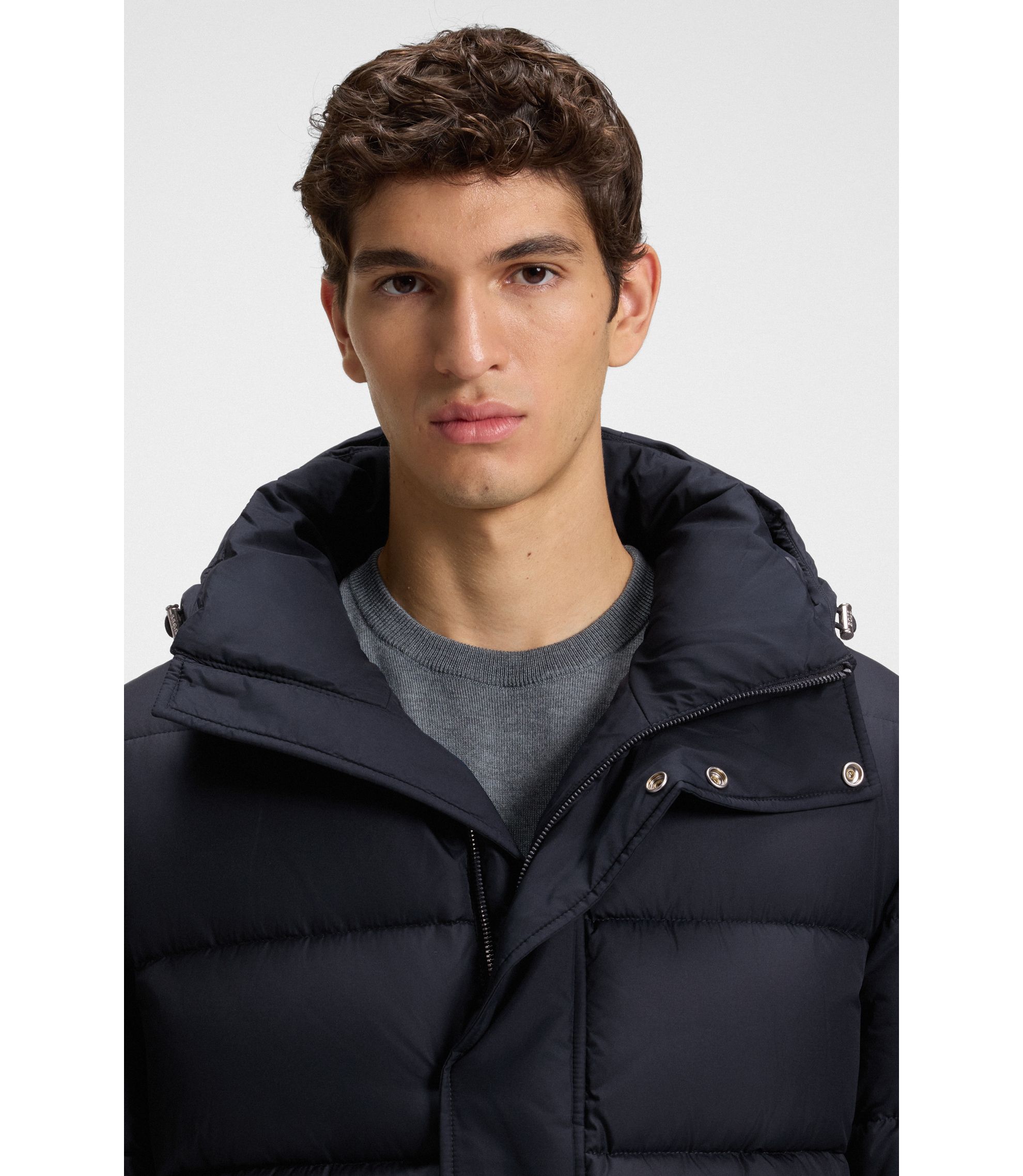 BOSS - はっ水ロングパデッドジャケット フード付き - ダークブルー