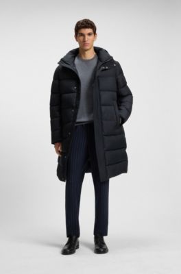 Longline water-repellent padded jacket with hood, Dark Blue