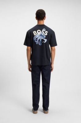 Slub-cotton T-shirt with rear graphic print, Dark Blue