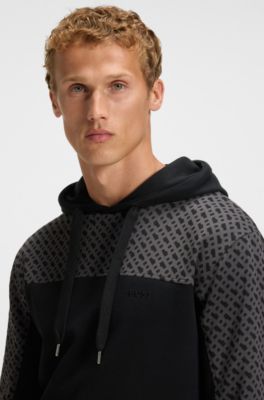Cotton-blend hoodie with monogram pattern, Black