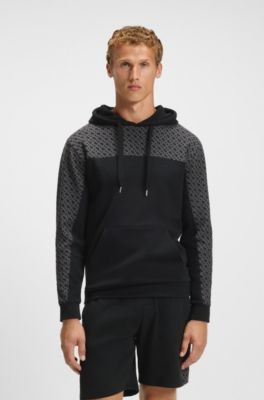 Cotton-blend hoodie with monogram pattern, Black