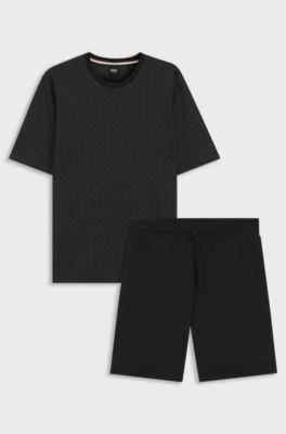 Cotton pyjama set with all-over print T-shirt, Black