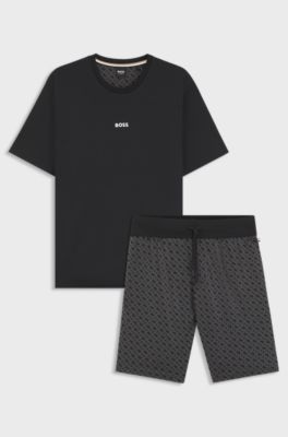 Cotton pyjama set with all-over print T-shirt, Black