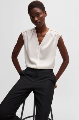 Sleeveless blouse in stretch-silk satin, White