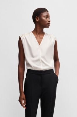 Sleeveless blouse in stretch-silk satin, White