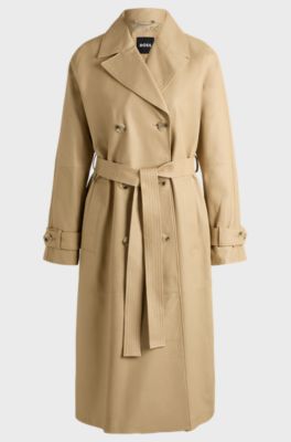 Belted coat in leather, Beige
