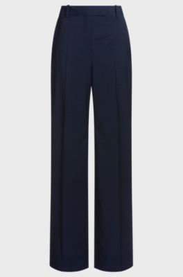 Pantalon Regular en laine vierge &agrave; micro carreaux, Bleu fonc&eacute;
