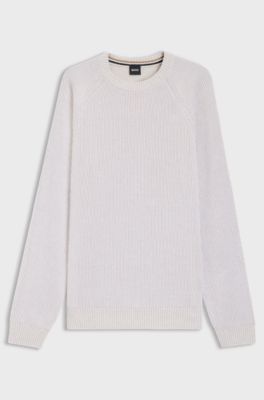Cotton-linen sweater with striped knit, White
