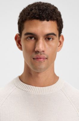 Cotton-linen sweater with striped knit, White