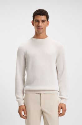 Cotton-linen sweater with striped knit, White