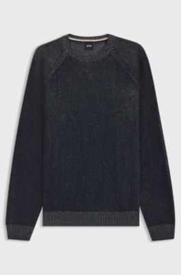Cotton-linen sweater with striped knit, Dark Blue