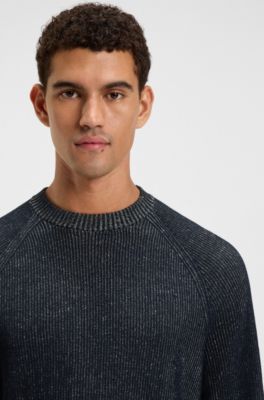 Cotton-linen sweater with striped knit, Dark Blue
