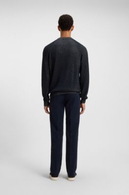 Cotton-linen sweater with striped knit, Dark Blue