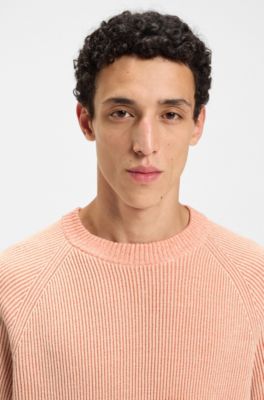 Cotton-linen sweater with striped knit, Light Orange