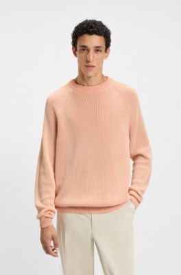 Cotton-linen sweater with striped knit, Light Orange