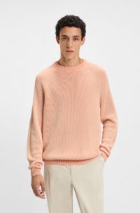 Cotton-linen sweater with striped knit, Light Orange