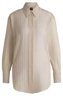 Regular-fit blouse in a striped cotton blend, Light Beige