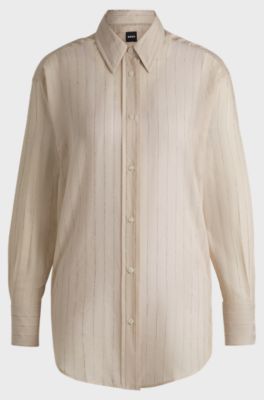 Regular-fit blouse in a striped cotton blend, Light Beige