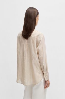 Regular-fit blouse in a striped cotton blend, Light Beige