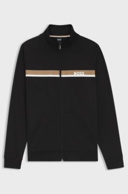 Cotton-terry zip-up jacket with stripe print, Black