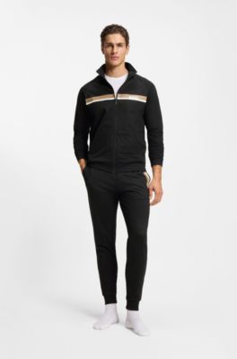 Cotton-terry zip-up jacket with stripe print, Black
