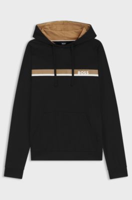 Cotton-terry hoodie with stripe print, Black
