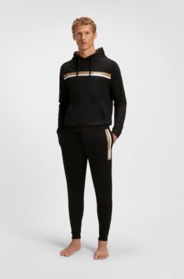 Cotton-terry hoodie with stripe print, Black