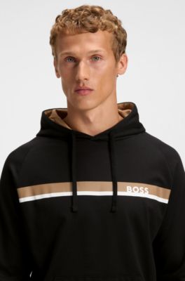 Cotton-terry hoodie with stripe print, Black