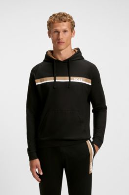 Cotton-terry hoodie with stripe print, Black