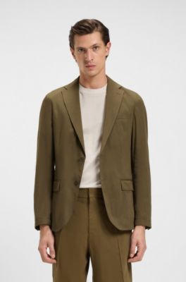 Modern-fit machine-washable suit jacket in a stretch-linen blend, Olive