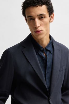 Modern-fit machine-washable suit jacket in a stretch-linen blend, Dark Blue