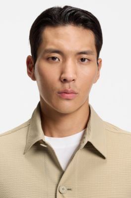 Relaxed-fit overshirt in stretch seersucker, Light Beige