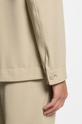 Relaxed-fit overshirt in stretch seersucker, Light Beige